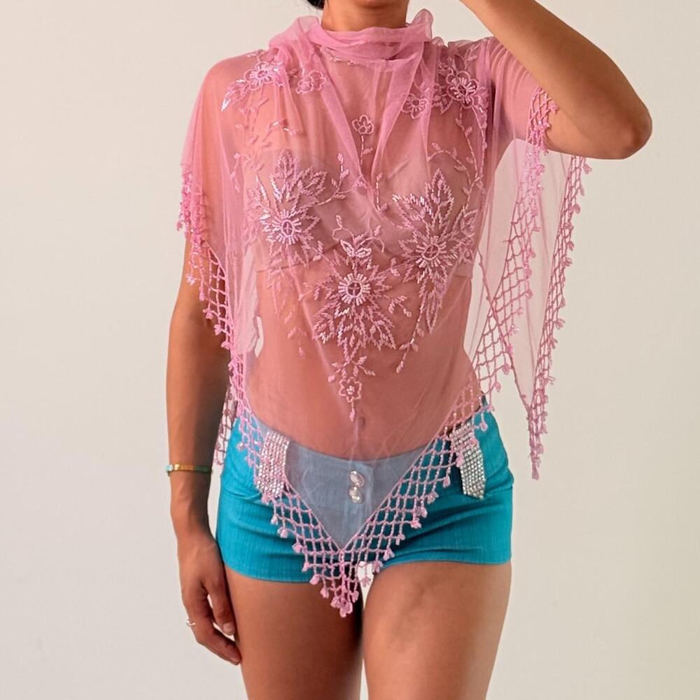 Pink Beaded Mesh Shawl/ Cover Up